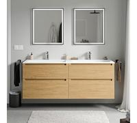 BERNSTEIN - Meuble double vasque suspendu salle de bain MDF Chêne miel, lavabos fonte minérale Blanc mat + trous robinet, tiroirs passe-main pivotants - 160x46x62cm - VIREO