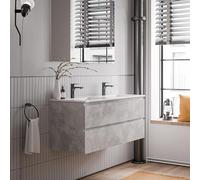 BERNSTEIN - Meuble double vasque suspendu salle de bain MDF Gris béton, lavabos Céramique Blanc brillant + trous robinets, trop plein & Bondes - 120x46x50cm - AVA