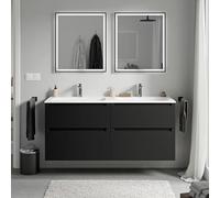 BERNSTEIN - Meuble double vasque suspendu salle de bain MDF Noir mat, lavabos fonte minérale Blanc mat + trous robinet, tiroirs passe-main pivotants - 120x46x62cm - VIREO