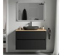 BERNSTEIN - Meuble sous vasque suspendu salle de bain MDF Noir mat, plan vasque Chêne miel, tiroirs passe-main pivotants - 80x46x62cm - VIREO