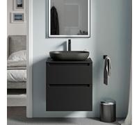 BERNSTEIN - Meuble sous vasque suspendu salle de bain MDF Noir mat, plan vasque Noir mat, tiroirs passe-main pivotants - 60x46x62cm - VIREO