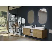 BERNSTEIN - Meuble vasque suspendu salle de bain MDF Chêne, lavabo Céramique Blanc mat + trous robinet + 2 tiroirs - 150x45x52cm - INALCO 1500