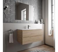 BERNSTEIN - Meuble vasque suspendu salle de bain MDF Chêne miel, lavabo fonte minérale Blanc mat, avec trou robinet - 100x46x50cm - AVA BRUXELLES