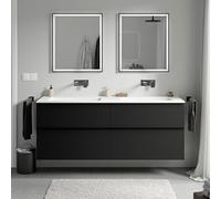 BERNSTEIN - Meuble vasque suspendu salle de bain MDF Noir mat, lavabo fonte minérale Blanc mat sans trou robinet, poignée métal Noir mat - 160x46x62cm - LAVOA