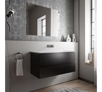 BERNSTEIN - Meuble vasque suspendu salle de bain MDF Noir mat, lavabo fonte minérale Blanc mat, sans trou robinet - 100x46x50cm - AVA CREAM