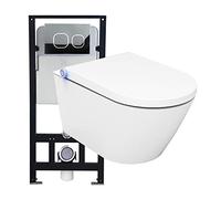 BERNSTEIN - Pack WC japonais + Bâti-support plaque Blanc mat, Toilettes suspendu lavant Cuvette céramique brillant, jet douche, Abattant LED, Chasse Vortex 180° - 59x38x38cm - Basic 1102