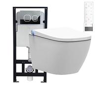 BERNSTEIN Pack WC japonais + Bâti-support plaque Satin, Toilettes suspendu lavant + télécommande, jet douche, séchoir air chaud, filtre & ventilateur à odeurs, Chasse 180°, 59x38x38cm, Pro+1104