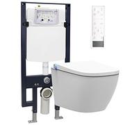 BERNSTEIN Pack WC japonais + Bâti-support plaque Verre Noir, Toilettes suspendu lavant + télécommande, jet douche, séchoir air chaud, filtre & ventilateur à odeurs, Chasse 180°, 59x38x38cm, Pro+1104
