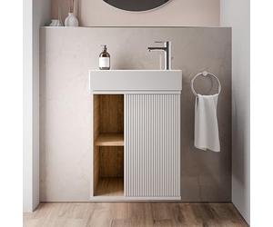 BERNSTEIN - Petit meuble vasque de salle de bain MDF avec lavabo céramique, charnière à droite - Garantie 5 ans- 48,7x24,3x58,5cm - Blanc mat - BELDIVO