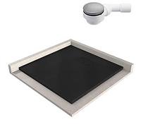 BERNSTEIN - Receveur de douche carré 90x90x3,2cm Noir Bac douche + Bonde type B verre-résine SMC Effet pierre antidérapant, Pente + Drain inclus, Résistant & Durable - série GT