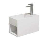 BERNSTEIN - Vasque Lavabo Rectangulaire suspendu fonte minérale Lave main mural Blanc mat 33x18x21cm + Etagère & trous pré-percés de montage - Design, Robuste & Durable - PB2046