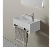BERNSTEIN - Vasque Lavabo Rectangulaire suspendu fonte minérale Lave main mural Blanc mat 50x30x20cm + Porte-serviette & Bonde pop-up chrome - Design, Robuste & Durable - PB2077