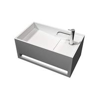 BERNSTEIN - Vasque Lavabo Rectangulaire suspendu fonte minérale Lave main mural Blanc mat 50x30x22cm + Porte-serviette & écoulement latéral + couvercle - Design, Robuste & Durable - PB2078