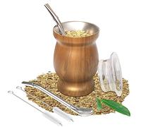 Beruth Tasse Yerba Maté en Acier Inoxydable avec Couvercle, Double paroi isolée Mate de calebasse, Comprend 2 Bombillas et 2 Brosse de Nettoyage(Marron, 8 OZ)