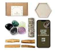 BESOULS Coffret Rituel Protection: 4 Palo Santo Purification 1 baton de sauge blanche purification a bruler 5 Pierres Protectrices Plateau Artisanal QR Digital encens Sauge Blanche Purification Maison
