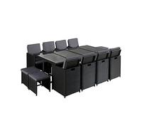 Best Mobilier - Salon de Jardin Encastrable Noir Fira - en Résine Tressée à la Main - Plateau en Verre Trempé - avec Housse de Protection - Coussins Déhoussables Gris - 12 Places
