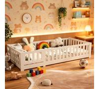 BestAlice Lit au Sol Lit Enfant 90 x 190 cm, lit Montessori 90x190, avec Protection antichute et sommier à Lattes, lit Junior, lit Simple, pour Chambre de Garçons Filles, Bois Massif Pin, Blanc