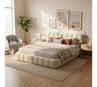 BestAlice Lit capitonné, 160 x 200 cm, cadre de lit double avec tête de lit et bords rembourrés, lit pour adulte, adolescent, cadre de lit avec sommier à lattes, lin, sans matelas, beige