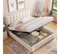 BestAlice Lit Coffre 140x190, lit Double capitonné avec éclairage LED sommier, Tissu de Velours,avec Rangement, Fonction hydraulique lit pour Adulte Jeunesse, Beige