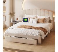 BestAlice Lit Coffre 140x200, Tete de lit réglable en Hauteur, Lit Adulte Coffre Capitonné avec USB et Tiroir avec Rangement avec Sommie, pour Adulte Jeunesse, Velours Teddy, Beige