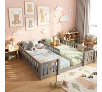 BestAlice Lit de sol Montessori 180 x 200 cm, lit double, avec protection anti-chute et sommier à lattes, lit simple 2 en 1, pour 2 enfants, en bois massif, gris