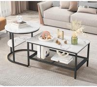 BestAlice Lot de 2 Tables Basses 2 en 1 Rondes et rectangulaires avec Espace de Rangement Aspect marbre, Cadre en métal, Table de Salon, Table Basse, Blanc et doré (Rectangle Noir Blanc)