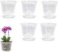 BestAlice Lot de 5 pots à orchidées de 12,7 cm avec trous et soucoupes - Pots à orchidée en plastique transparent pour plantes et rempotage - Pots de fleurs de jardin pour la maison et le bureau