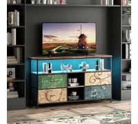 BestAlice Meuble TV Vintage avec éclairage LED, casier avec 4 tiroirs et 3 étagères, Cadre en Fer et Meuble TV à Panneaux de Particules, Pieds réglables en Hauteur, Banc TV multimédia (137cm-B)