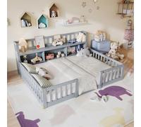 BestAlice Montessori Lit de sol pour enfant 140 x 200 cm avec compartiment de rangement, protection anti-chute et sommier à lattes, lit double, pour filles et garçons, en pin massif avec
