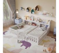 BestAlice Montessori Lit de sol pour enfant 140 x 200 cm, avec compartiment de rangement, protection contre les chutes et sommier à lattes, lit double, pour filles et garçons, en pin massif, blanc