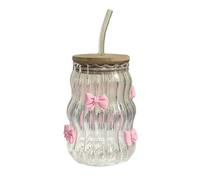 BestAlice Tasses en Verre avec Couvercles et Pailles, Verrerie Nervurée Vintage avec Nœuds ou Roses, Gobelet en Verre Rose avec Nœud Rose, Jolis Verres à Boire pour café glacé,