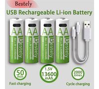 Bestely-Batterie aste au lithium-ion, 1.5V, 13600mAh, USB AA, charge rapide, Eddie ion Akku , 2000 subventionnement avec port USB-C 30 pcs batteries