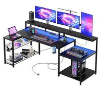 Bestier Bureau d'angle 181 cm, Bureau de Jeu avec lumières LED, Table de Jeu PC avec 3 Prises Secteur et 2 Ports de Chargement USB, Bureau d'ordinateur avec étagère pour écran spacieuse