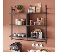 Bestier Étagère Suspendue Industrielle 3 Niveaux 105cm, Étagère Murale en Bois avec Crochets pour Rangement Salon, Cuisine, Balcon (Noir, 105 x 23.8 x 93.98 cm)