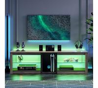 Bestier Meuble TV bas pour téléviseurs 65" et plus petits, 160 x 35 x 52 cm, meuble TV avec lumières LED RVB, table TV avec gestion des câbles intégrée, plateau en verre réglable