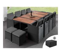 Best Mobilier – Salon de jardin encastrable Cuba – 12 places, résine tressée, avec housse, Noir/Gris