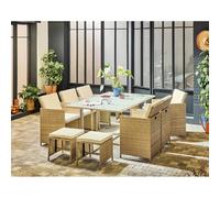 Best Mobilier – Salon de jardin Fira encastrable 10 places résine tressée beige coussins + housse