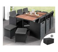 Best Mobilier – Salon jardin Cuba – Encastrable 10 places, résine tressée, coussins gris – Noir/Gris