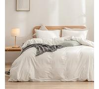 BESTOUCH Parure de lit 2 pièces avec Housse de Couette 100% Coton lavé au Toucher Lin, Super Douce, Confortable, Chic, légère - Blanc uni - Lit Double