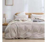 BESTOUCH Parure de lit 3 pièces avec Housse de Couette 100% Coton lavé au Toucher Lin, Super Douce, Confortable, Chic et légère, Gris uni, Grand lit