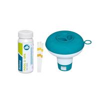 Bestway Kit de démarrage d'entretien de piscine - Mini doseur flottant de 12,5 cm de diamètre avec 50 bandelettes de test - Dosage et mesure du chlore libre, du pH et de l'alcalinité totale - Eau de