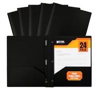 Better Office Products Lot de 24 dossiers en plastique noir à 2 pochettes avec griffes, poids lourd, format lettre, avec 3 clips de fixation métalliques, noir