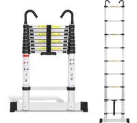 Bettizia Escabeau télescopique professionnel 2,6M Argent Aluminium Capacité de charge 150kg Escabeau polyvalent pieds en caoutchouc antidérapant avec stabilisateur et crochets amovibles
