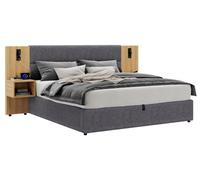Bettset - Lit coffre hydraulique - 180 x 200 cm - Tête de lit rembourrée avec panneaux latéraux - 2 tables de chevet avec rangement - Sommier à lattes en bois - Tissu gris/couleur naturelle