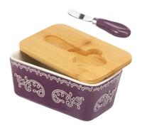 Beurrier avec couvercle en bambou, en céramique, avec couteau à beurre (violet)