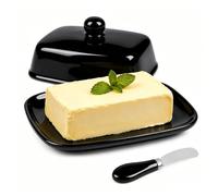 Beurrier Céramique - Beurrier Noire en Porcelaine | Avec un couteau à beurre, pour 250g de Beurre, Avec Couvercle pour Fraîcheur