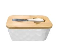 Beurrier de qualité supérieure - Beurrier en céramique avec couvercle en bois et couteau à beurre - Multifonction - Beurre scellé - Pour la maison et la cuisine - 16,5 x 9,8 x 7 cm (blanc)