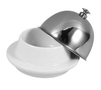 Beurrier en Céramique Argenté, Couvercle Inox, 17 Oz, Rond | Base Céramique, Finition Lisse et Simple, pour Buffet Extérieur et Service Discret de Condiments