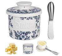 Beurrier en céramique avec couteau à beurre, beurrier français avec couvercle, beurrier à l'eau avec ligne d'eau pour conserver le beurre frais, doux, prêt à consommer (porcelaine bleu-blanc)