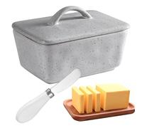 Beurrier en céramique avec couvercle, cloche à beurre, en porcelaine, avec couteau à beurre, pour table et centre de table, passe au lave-vaisselle, 350 ml, gris